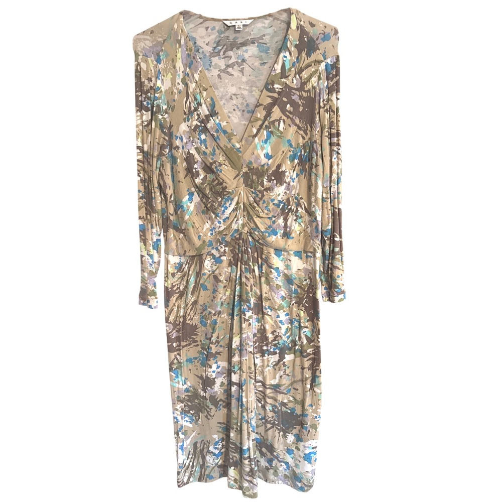 Cabi Women's Large Ruched V‎ Neck Long Sleeve Abstract Print Midi Dress